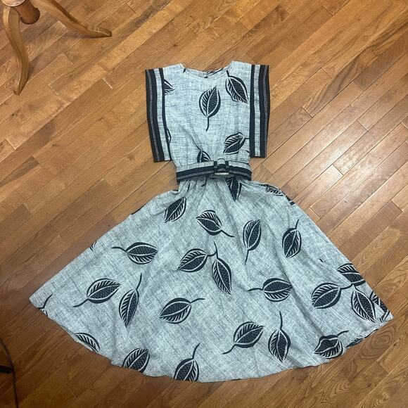 Vintage Choon Gray Leaf Print Dress Full Circle Boho Midi XS - Picture 7 of 9